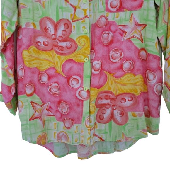 Ritanelli Shirt Sz L Retro Beachy Core Button Front Green Pink Starfish Print - Picture 5 of 6